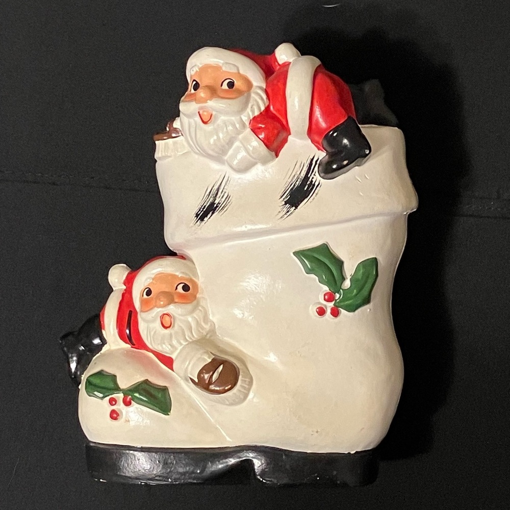 Vintage Chalkware Santa Claus Boot Coin Bank JAPAN Shining Shoes Christmas Holly